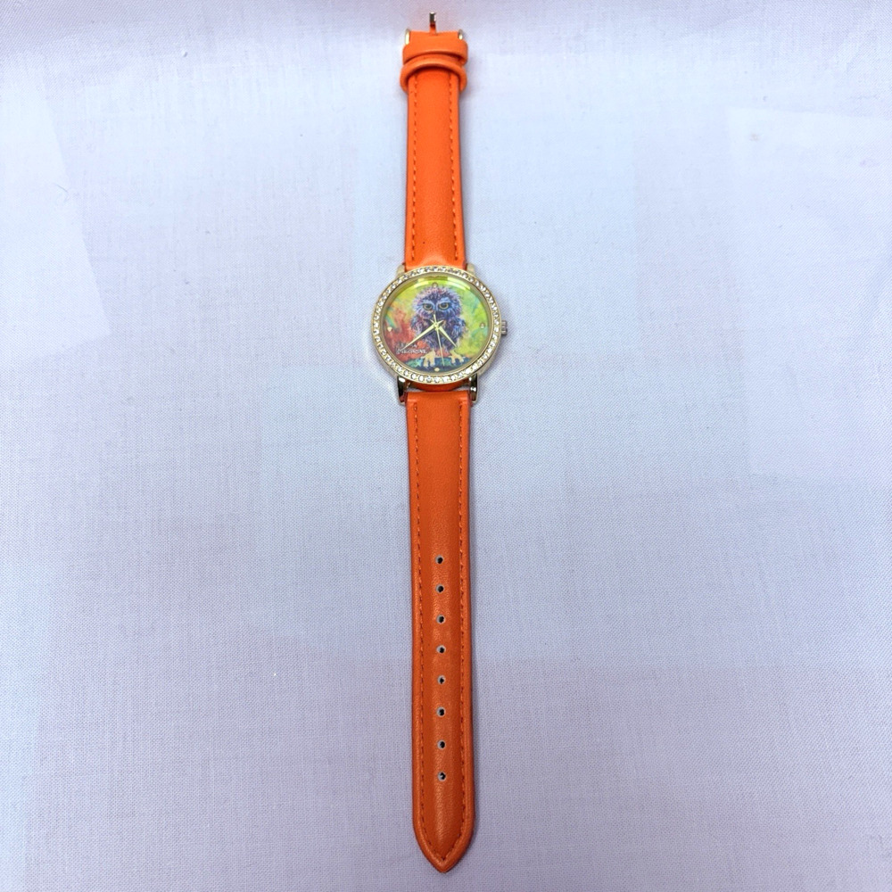 Leoma Lovegrove Multicolor Owl Watch Orange Buckle Band - New Battery